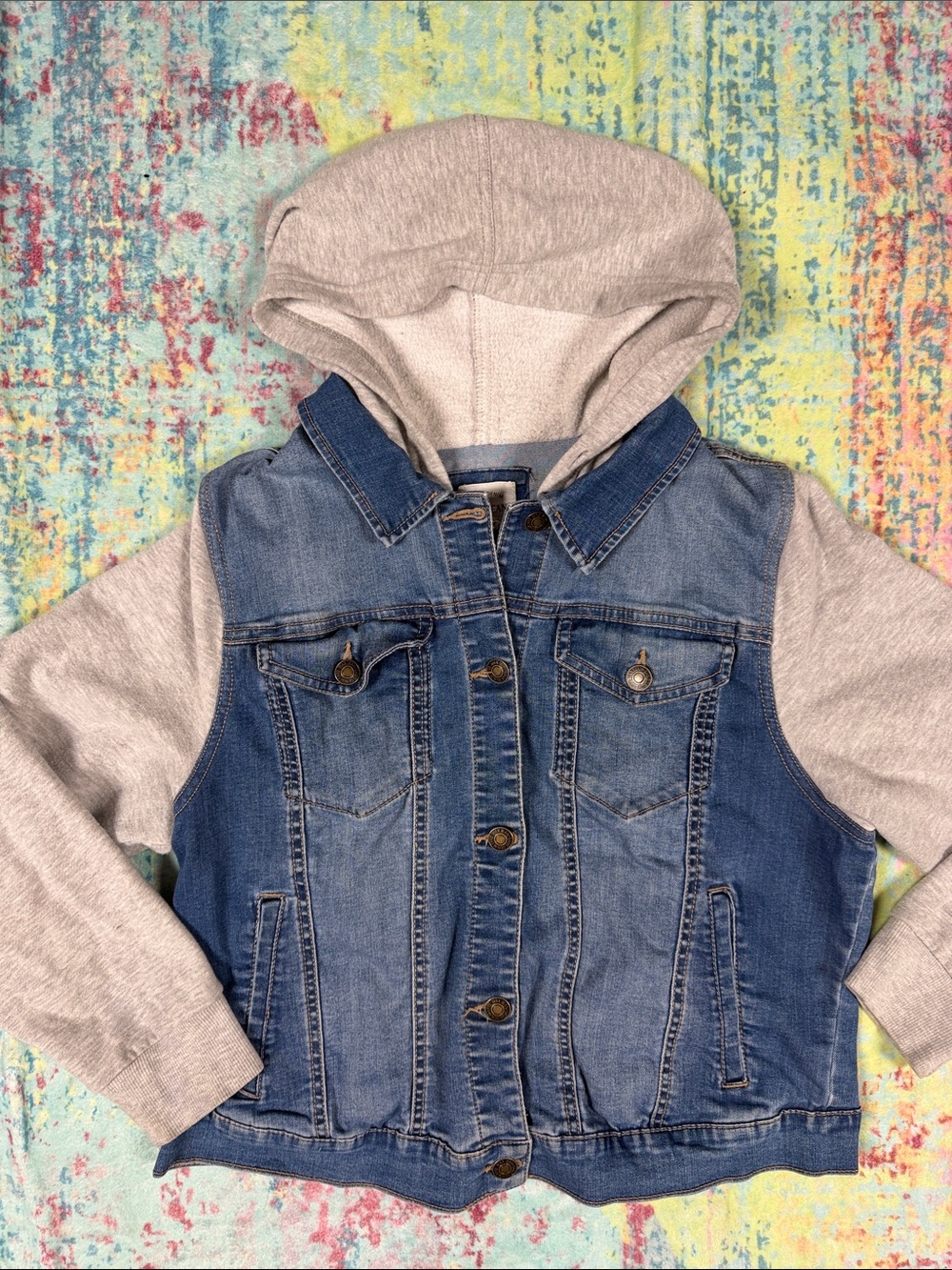 Wax Jean Blue Denim Hooded Jacket with Light Gray Sleeves